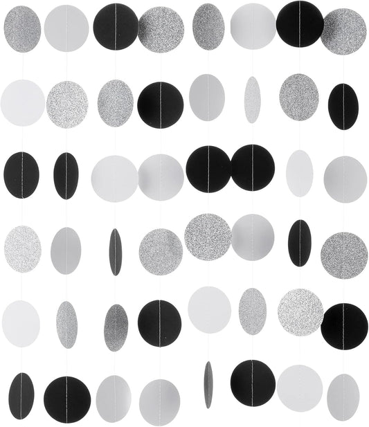 Black White Silver Glitter Paper Garland Circle Dot Streamer Banner for Graduation Bridal Shower Wedding Birthday Party Decorations, 2.5" in Diameter, 20 Feet in Total
